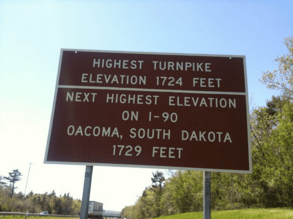 Interstate I-90, mass pike, highest elevation, road sign, 1729 feet,